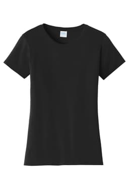 A black ladies' t-shirt with a classic crew neckline and short sleeves, featuring a branding logo.