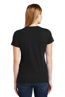 A black ladies' t-shirt with a back view, featuring a fitted design and short sleeves. It has a logo on the back.