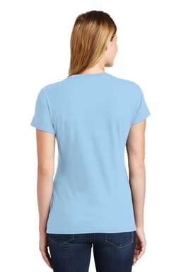 A light blue ladies' t-shirt with a logo, featuring a fitted design and short sleeves.
