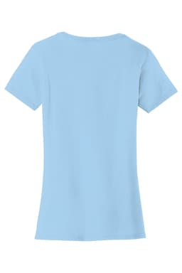 A light blue ladies t-shirt with a fitted style and a crew neckline. It has a branding logo.