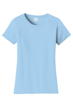 A light blue ladies' T-shirt with a classic fit design and a label inside the neck.