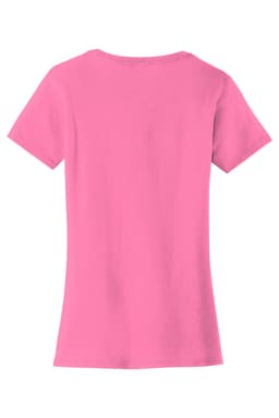 A pink ladies' T-shirt featuring a fitted style and short sleeves, displayed from the back. It has a logo on the garment.
