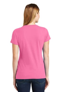A woman is wearing a pink ladies t-shirt, viewed from the back, featuring a fitted design and short sleeves.