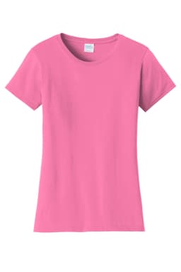 A pink ladies' t-shirt with a classic fit and short sleeves. It has a logo on the label.
