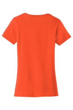 An orange ladies' t-shirt featuring a fitted design and short sleeves. It has a branding logo on the back.