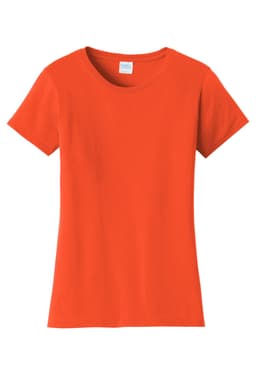 An orange ladies' t-shirt with a fitted design and a crew neck, featuring a brand logo on the label.