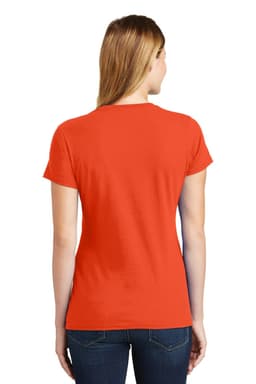 A red ladies' t-shirt with short sleeves, featuring a logo on the back.