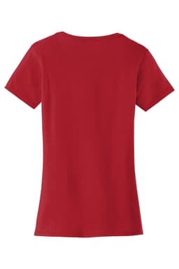 A red ladies t-shirt with a fitted cut and short sleeves, featuring a logo on the back.