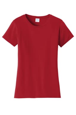 A red ladies T-shirt with a classic cut, featuring a simple design and a logo. Ideal for casual wear.