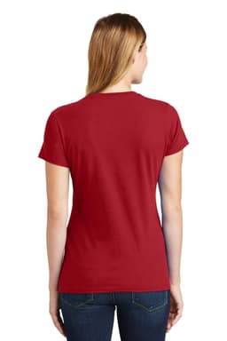 A red ladies' t-shirt with a fitted design and short sleeves, featuring a logo on the back.