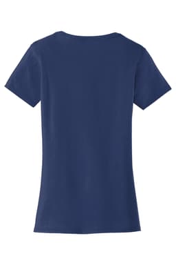 A navy blue ladies' T-shirt with a classic fit and short sleeves, featuring a branding logo.