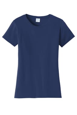 A navy blue ladies' T-shirt with a classic fit and short sleeves, featuring a logo on the label.