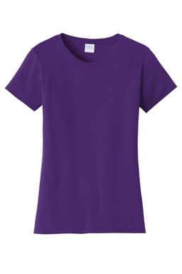A purple ladies t-shirt with a classic fit and round neckline. Features a logo on the label.