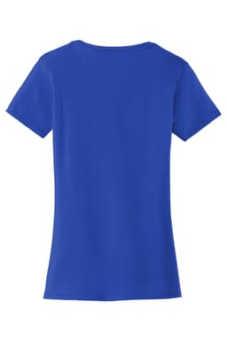 A blue short-sleeve ladies t-shirt featuring a simple design and a logo on the back.