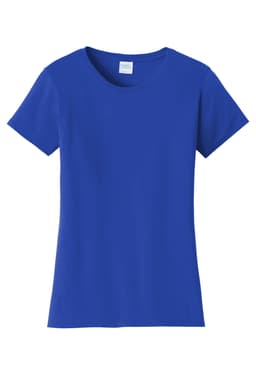 A royal blue ladies t-shirt with a round neckline and short sleeves, featuring a logo on the label.