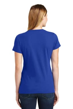 A blue women's t-shirt with a fitted design and short sleeves, featuring a branding logo.