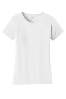 A white ladies' t-shirt featuring a round neckline and short sleeves, with a brand logo.
