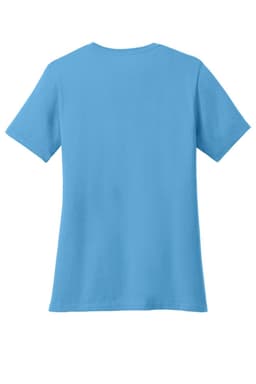 A blue ladies' t-shirt featuring short sleeves and a plain back design, with branding visible.