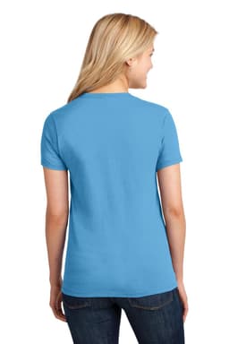 A blue ladies' t-shirt with short sleeves, featuring a simple design and a logo on the back.