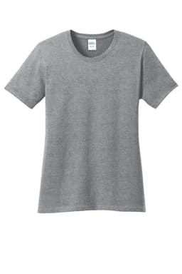A grey ladies' core cotton t-shirt with short sleeves and a classic crew neckline, featuring a branding logo.