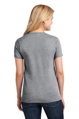 A grey ladies' t-shirt with short sleeves, featuring a simple design and a logo on the back.