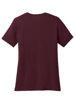 A maroon ladies' t-shirt featuring a classic short sleeve design and a blank back. It has a logo on the label.