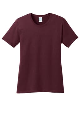 A burgundy ladies' core cotton tee with short sleeves and a round neckline. It features a logo on the label.