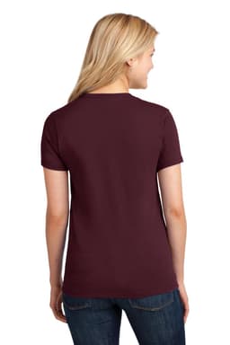 A maroon ladies' t-shirt with short sleeves, featuring a plain back design. It has a fitted shape.