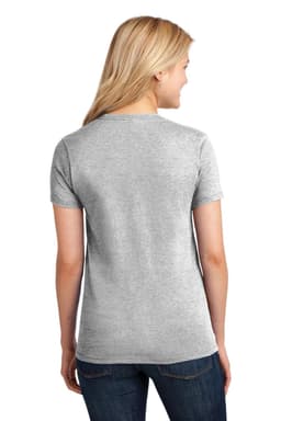 A grey ladies' t-shirt with short sleeves, featuring a simple design and a logo on the back.