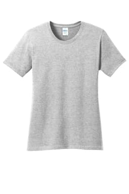 A grey ladies' t-shirt with short sleeves and a round neckline, featuring a logo on the label.