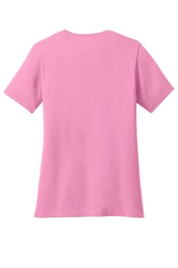 A pink ladies' t-shirt with short sleeves and a plain back. It features a logo on the upper back.