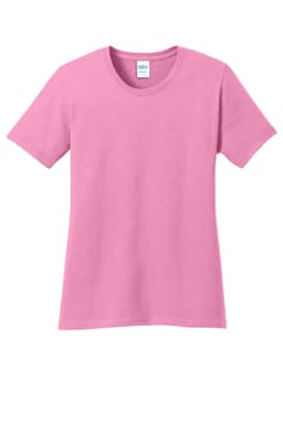 A pink Port & Company ladies' core cotton t-shirt with a crew neck and short sleeves, featuring a brand logo.