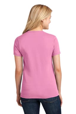 A pink ladies' t-shirt with short sleeves, featuring a simple design and a small logo on the back.