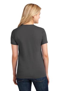 A grey ladies' t-shirt with a fitted style, featuring a logo on the back. Short sleeves and casual design.