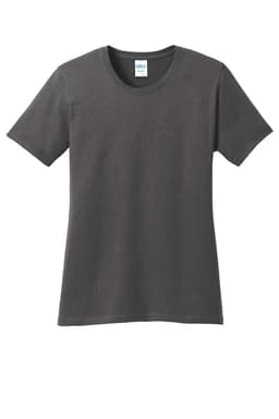 A dark grey ladies' t-shirt with a classic crew neckline and short sleeves, featuring a logo.