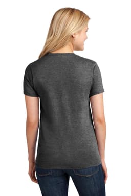 A woman is wearing a grey t-shirt, viewed from the back, paired with blue jeans. The shirt has a logo.