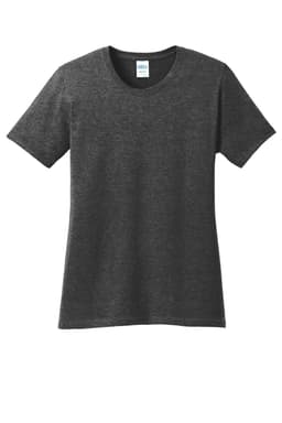 A dark grey ladies' t-shirt with short sleeves and a round neckline, featuring a branding logo.