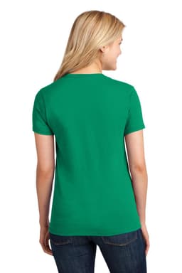 A green ladies' t-shirt with short sleeves, featuring a logo on the back.