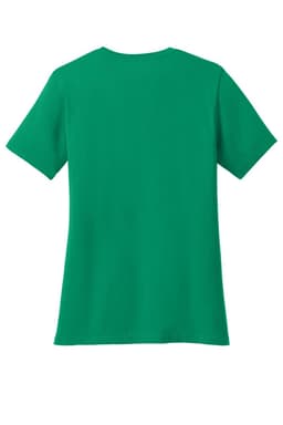 A women's green core cotton t-shirt with short sleeves and a plain back. It features a logo on the front.