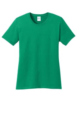 A green ladies' t-shirt with short sleeves and a round neckline, featuring a logo.