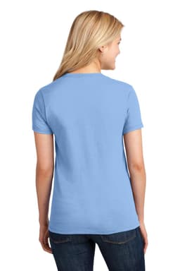 A light blue ladies' t-shirt with short sleeves, featuring a back view. The shirt has a logo.