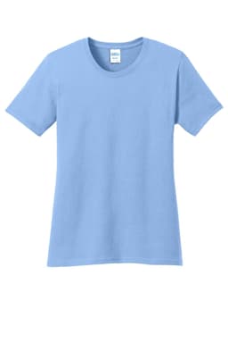 A light blue ladies' t-shirt with short sleeves, featuring a round neckline and a branded label.