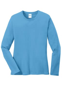 A long sleeve tee in a bright blue colour with a crew neckline and a brand label inside.