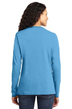 A long sleeve tee in a vibrant blue colour, featuring a back view of a woman wearing it. The shirt has a logo.