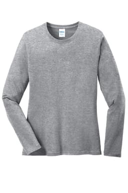 A grey long sleeve cotton tee with a round neckline and a small logo on the label.