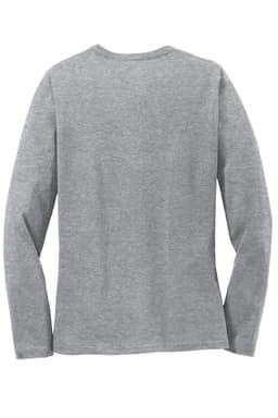 A grey long sleeve tee shirt is displayed from the back, featuring a simple design and a logo.