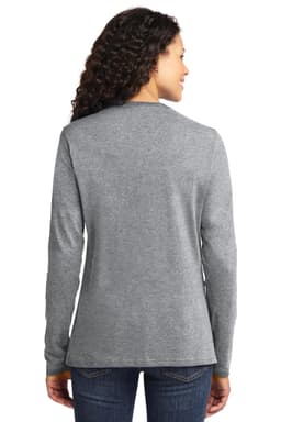 A grey long sleeve ladies' T-shirt featuring a back view, made from core cotton fabric. It has a logo on the back.