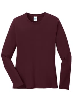 A long sleeve ladies' T-shirt in a deep burgundy colour, featuring a round neckline and a logo.