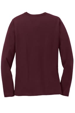 A maroon long sleeve tee with a simple design and back view, featuring a logo on the fabric.