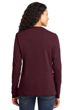 A woman wearing a maroon long sleeve cotton tee, shown from the back, with a casual design and fitted silhouette.